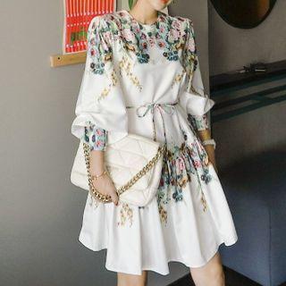 Lantern-sleeve Flower Print Dress