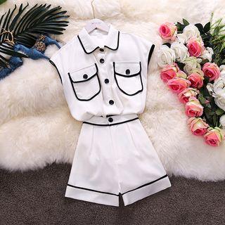 Set: Contrast Trim Sleeveless Blouse + High-waist Wide-leg Shorts