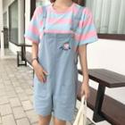 Striped Short-sleeve T-shirt / Peach Embroidered Jumper Shorts