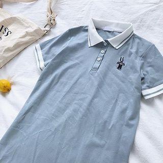 Rabbit Embroidered Lapel Ruffled-trim Polo Dress