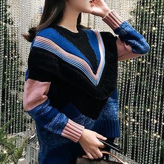 Colour Block Fringed Long-sleeve Knit Top