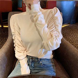 Mock-turtleneck Shirred-sleeve Blouse