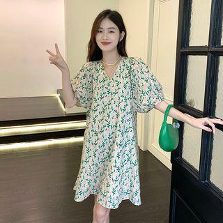 Short-sleeve Floral Dress Floral - Beige - One Size