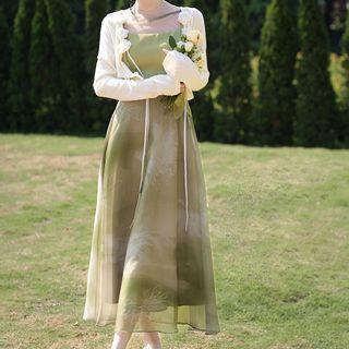Spaghetti Strap Two-tone Midi A-line Dress / Floral Cardigan / Set