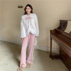 Bow Fluffy Jacket / Wide-leg Pants