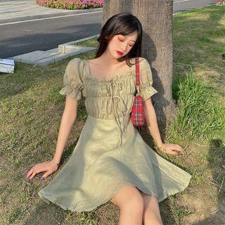 Puff-sleeve Square Neck Ruched A-line Dress