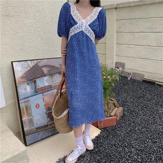Short-sleeve Floral Printed Lace Printed Midi Dress