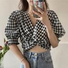 Puff-sleeve V-neck Twist-front Gingham Cropped Blouse Black - One Size