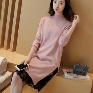 Lace Hem Mock Neck Knit Dress
