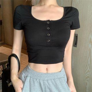 Plain Short-sleeve Half-button Cropped T-shirt