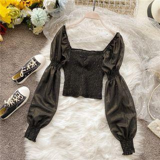 Square-neck Lantern-sleeve Chiffon Blouse