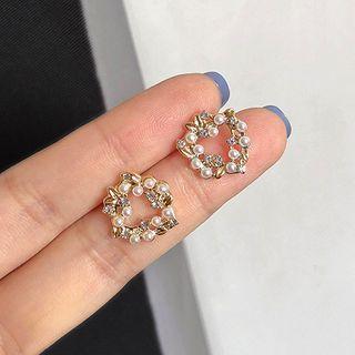 Faux Pearl Leaf Hoop Earring 1 Pair - Gold & White - One Size