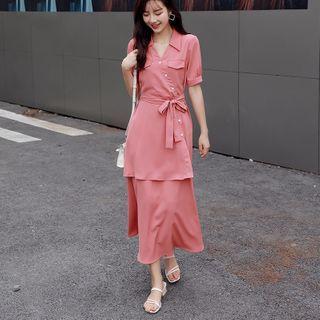 Elbow-sleeve Tie-waist Maxi A-line Dress