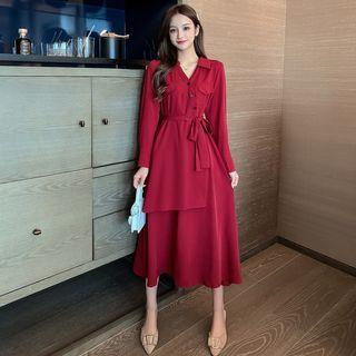 Long-sleeve Asymmetric Tie-waist Midi A-line Shirtdress
