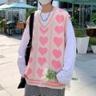 V-neck Heart Print Oversized Knit Vest