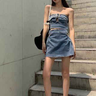 Off-shoulder Cut-out Denim Tube Top / Cut-out A-line Denim Skirt