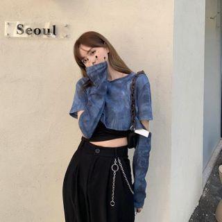 Long-sleeve Cut-out Tie-dyed Cropped T-shirt Blue - One Size
