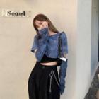 Long-sleeve Cut-out Tie-dyed Cropped T-shirt Blue - One Size