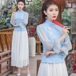 Mesh Panel 3/4-sleeve Tasseled Hanfu Top
