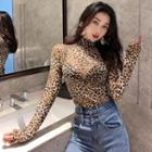 Mock-turtleneck Leopard Print Long-sleeve T-shirt