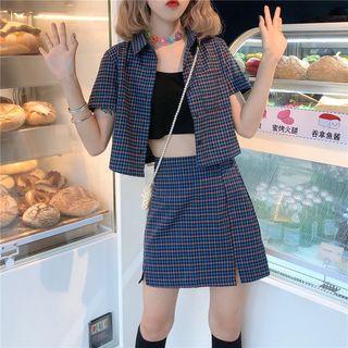 Short-sleeve Plaid Shirt / Mini Plaid A-line Skirt