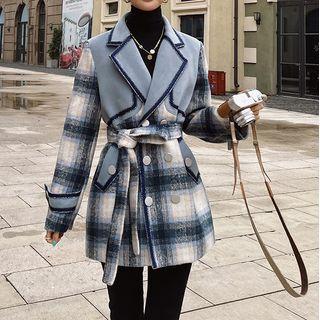 Long-sleeve Plaid Panel Tie-waist Woolen Coat