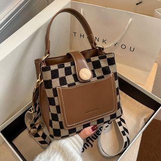 Faux Shearling Checker Print Bucket Bag