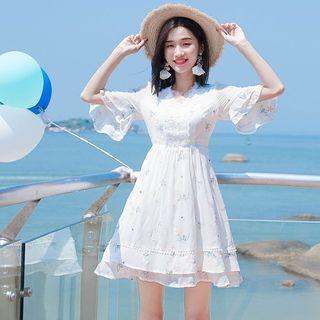 Bell-sleeve Embroidered Mini A-line Dress