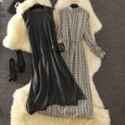Set: Long-sleeve Patterned Midi A-line Dress + Split Hem Long Knit Vest