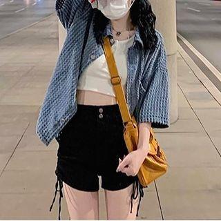 Short-sleeve Patterned Denim Shirt / Ribbed Crop Tank Top / Denim Shorts