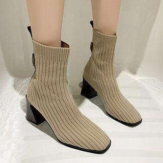 Ribbed Knit Chunky-heel Short Boots