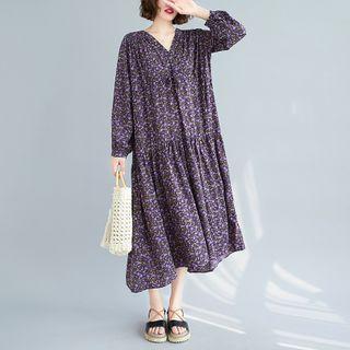 Flower Print Long-sleeve Midi Shift Dress Purple - One Size