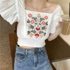 Bell-sleeve Frill Trim Floral Embroidered Top White - One Size