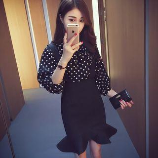 Set: Dotted Chiffon Shirt + Ruffle Hem Suspender Skirt