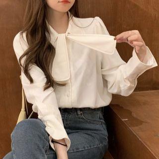 Plain Peter Pan Collar Long-sleeve Shirt Almond - One Size