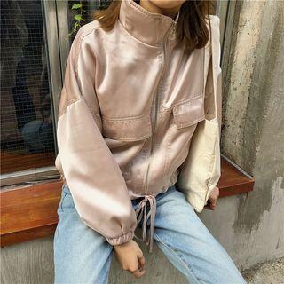 Drawstring Waist Cropped Baseball Jacket Almond - One Size