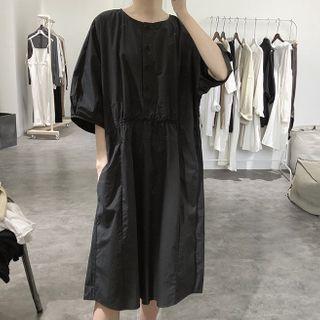Plain Elbow-sleeve Button Midi Dress