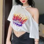 Cold-shoulder Print Cropped T-shirt