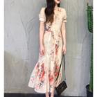 Short-sleeve Floral Printed Ruffled Midi Dress