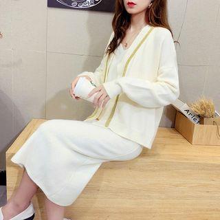 Set: Button Cardigan + Spaghetti Strap Midi Knit Dress