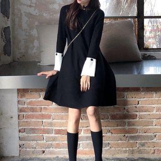 Long-sleeve Mini Knit A-line Dress Black - One Size