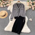 Set Of 2 : V-neck Color Block Long-sleeve Cardigan + Plain Knit Skirt Gray - One Size