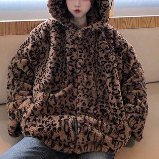 Bear Print Leopard Print Hooded Zip Jacket