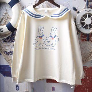Long-sleeve Rabbit Lettering Peter Pan Collar Sweatshirt