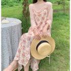 Long-sleeve T-shirt / Floral Print Midi A-line Suspender Dress