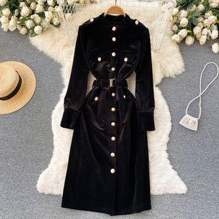 Stand-collar Single-breasted Velvet Maxi Dress