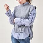 Set: Sleeveless Knit Top + Tab-cuff Stripe Shirt