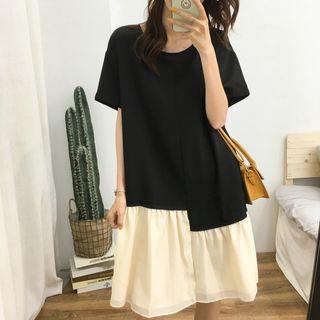 Elbow-sleeve Asymmetric Chiffon Paneled Dress
