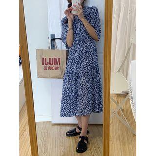 Round-neck Short-sleeve Floral Ruched Maxi Dress