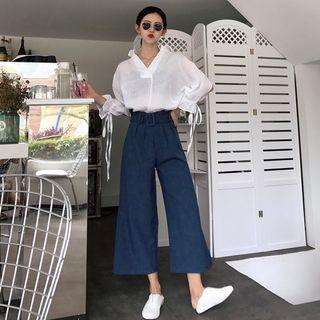 3/4-sleeve V-neck Blouse / Wide Leg Pants